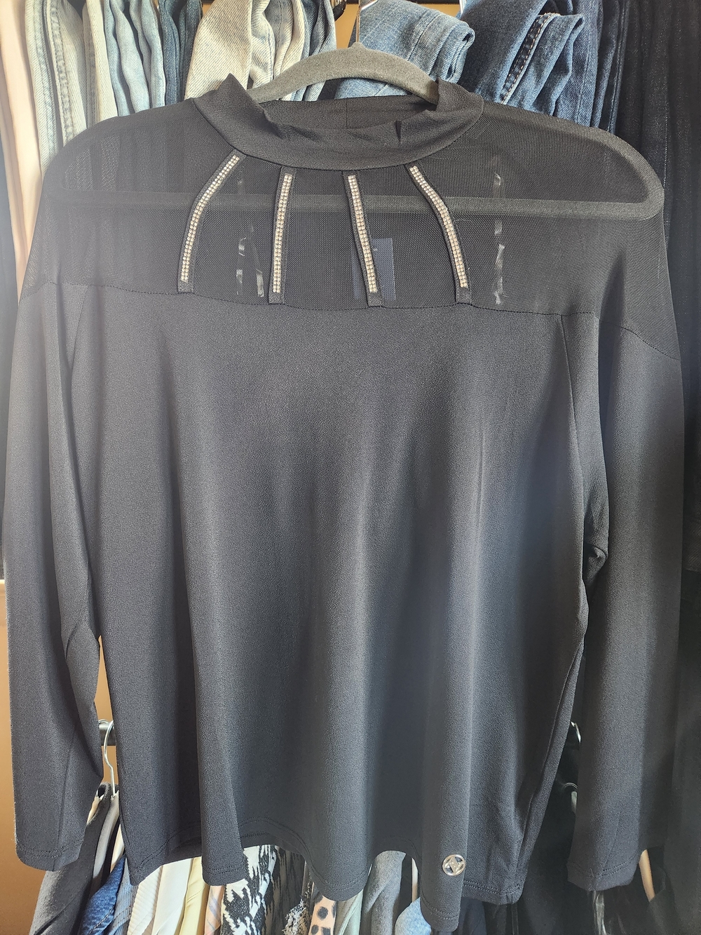 Adrienne Vittadini Black Long Sleeve Top with Sheer Yoke and Jewel-Strap Detail